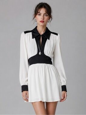 Staud Dolly Dress White Black Long Sleeve A-Line Crepe Retro Mod Mini 4
